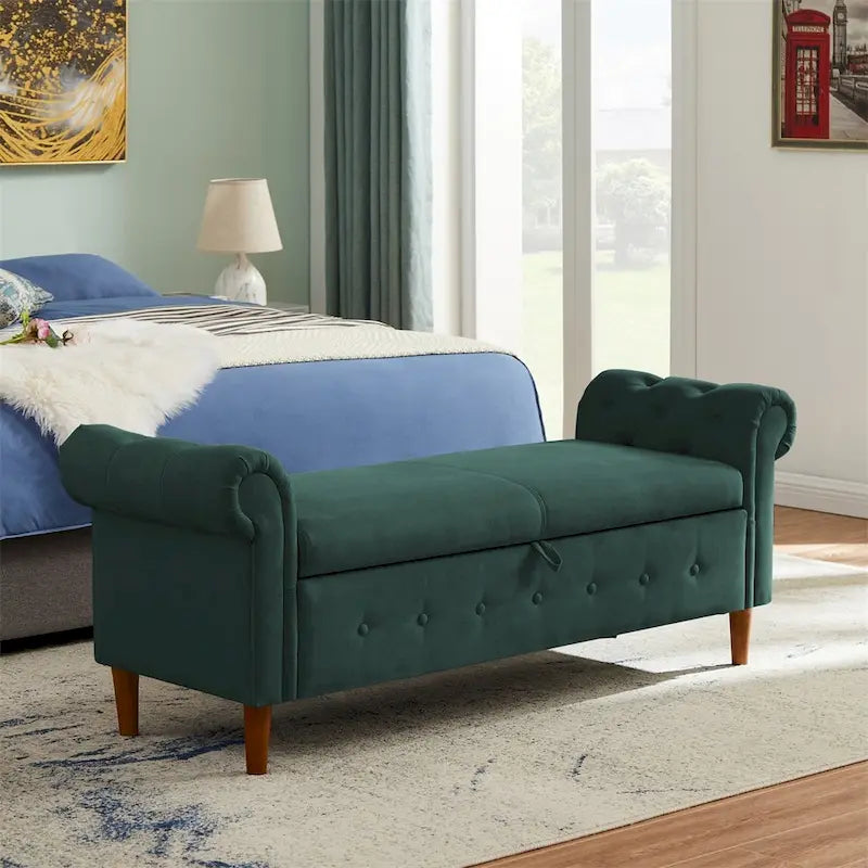 Banc de rangement pour chambre, bout de lit, accoudoirs roulés, tissu lin, canapé ottoman, long banc