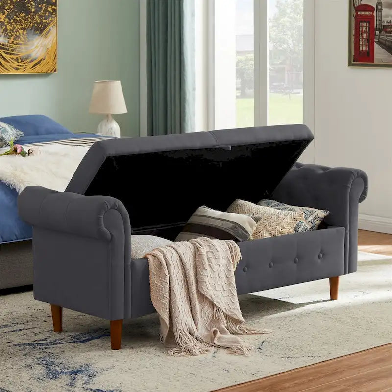Banc de rangement pour chambre, bout de lit, accoudoirs roulés, tissu lin, canapé ottoman, long banc