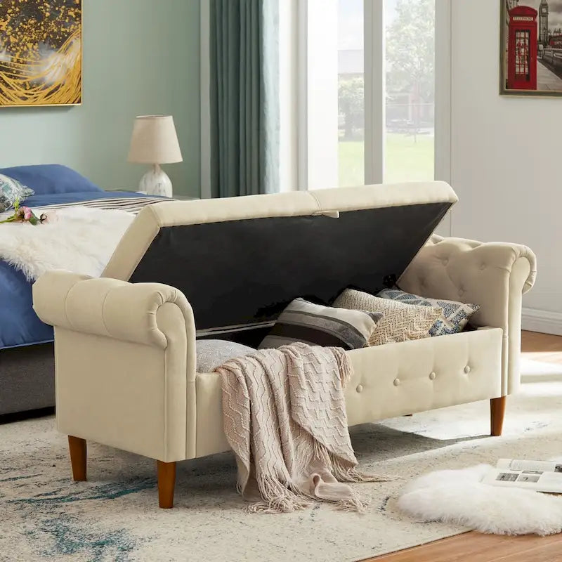 Banc de rangement pour chambre, bout de lit, accoudoirs roulés, tissu lin, canapé ottoman, long banc