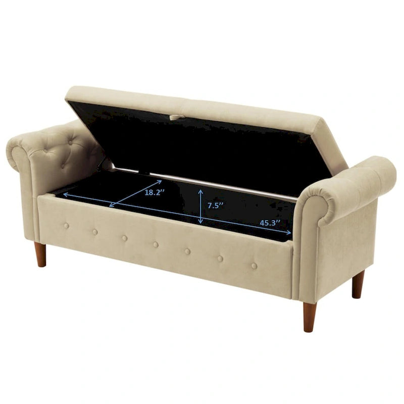 Banc de rangement pour chambre, bout de lit, accoudoirs roulés, tissu lin, canapé ottoman, long banc