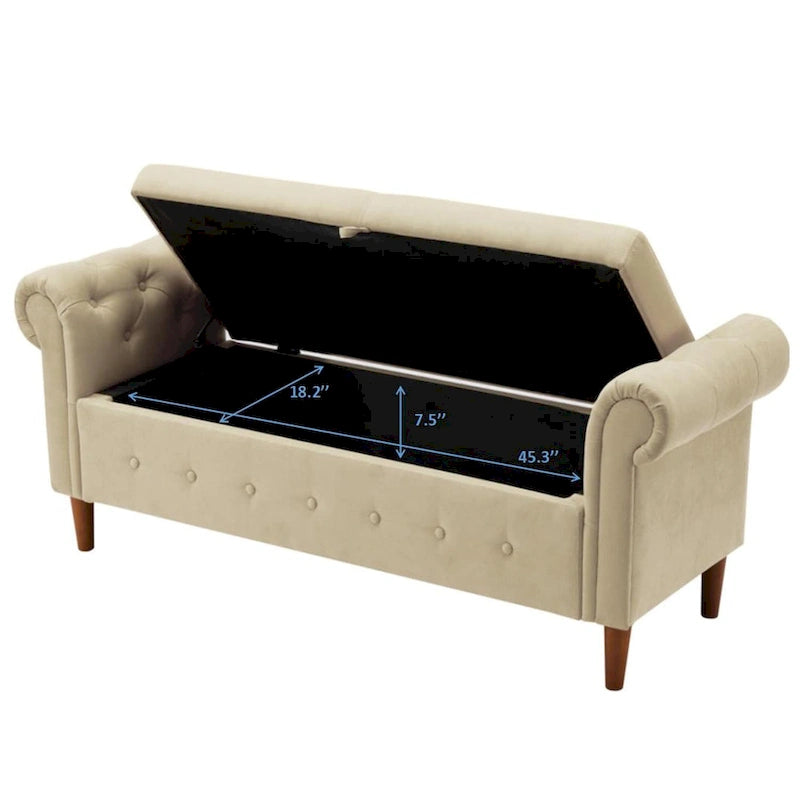 Banc de rangement pour chambre, bout de lit, accoudoirs roulés, tissu lin, canapé ottoman, long banc
