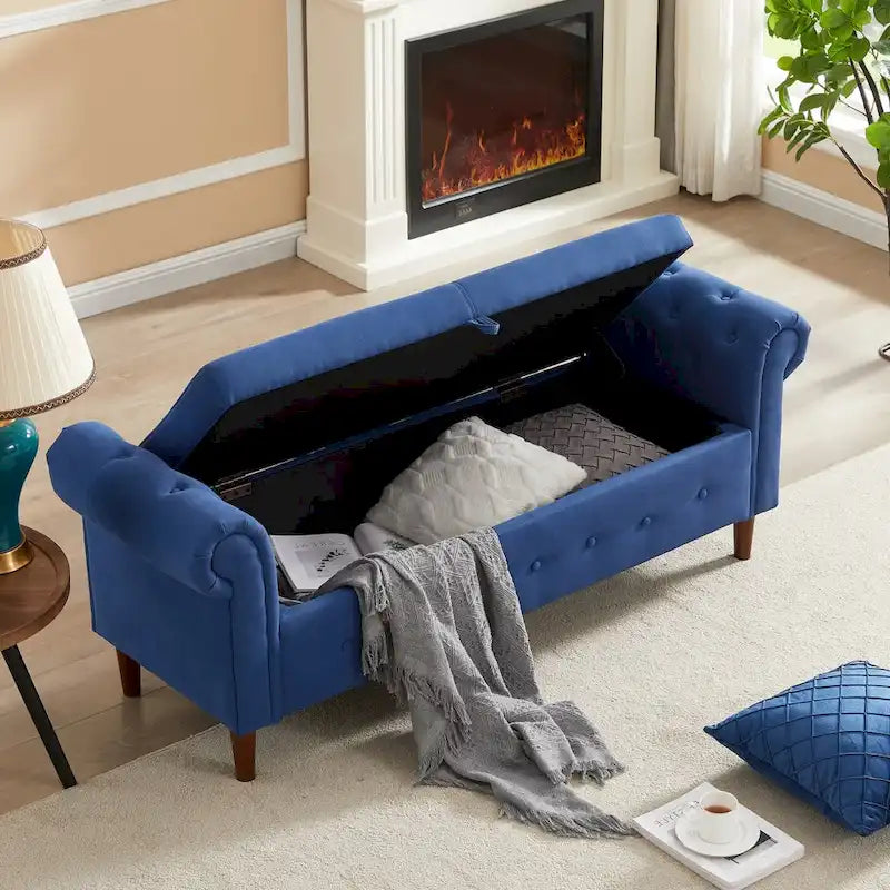 Banc de rangement pour chambre, bout de lit, accoudoirs roulés, tissu lin, canapé ottoman, long banc