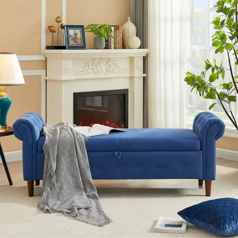 Banc de rangement pour chambre, bout de lit, accoudoirs roulés, tissu lin, canapé ottoman, long banc