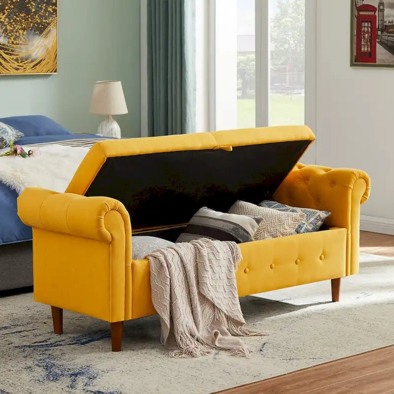 Banc de rangement pour chambre, bout de lit, accoudoirs roulés, tissu lin, canapé ottoman, long banc