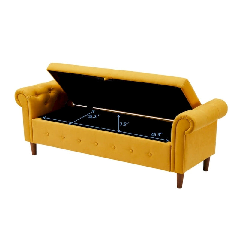 Banc de rangement pour chambre, bout de lit, accoudoirs roulés, tissu lin, canapé ottoman, long banc
