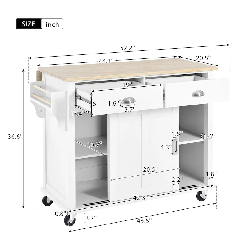 Desserte de cuisine avec plan de travail rabattable en bois d'hévéa, hauteur réglable et rangement dissimulé avec porte coulissante type grange