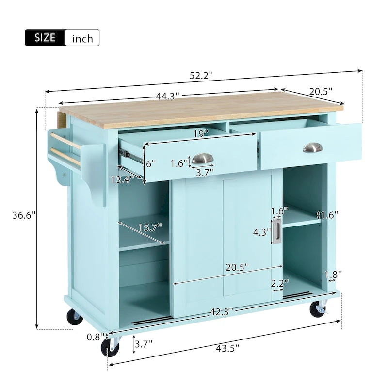 Desserte de cuisine avec plan de travail rabattable en bois d'hévéa, hauteur réglable et rangement dissimulé avec porte coulissante type grange