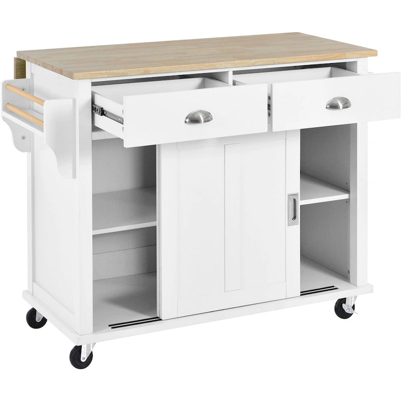 Desserte de cuisine avec plan de travail rabattable en bois d'hévéa, hauteur réglable et rangement dissimulé avec porte coulissante type grange