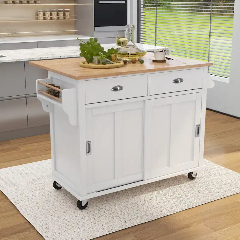 Desserte de cuisine avec plan de travail rabattable en bois d'hévéa, hauteur réglable et rangement dissimulé avec porte coulissante type grange