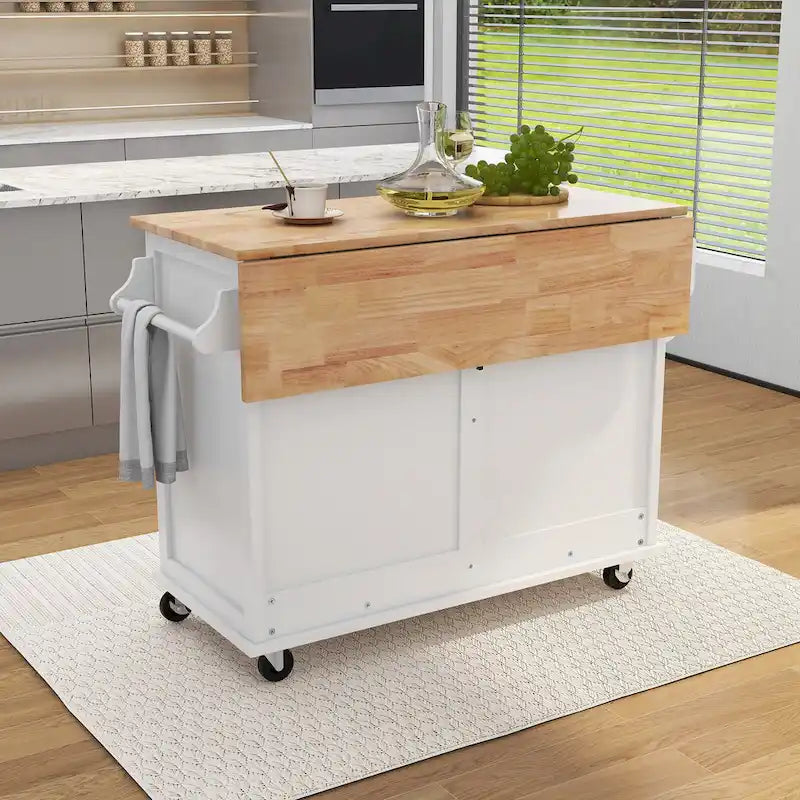 Desserte de cuisine avec plan de travail rabattable en bois d'hévéa, hauteur réglable et rangement dissimulé avec porte coulissante type grange