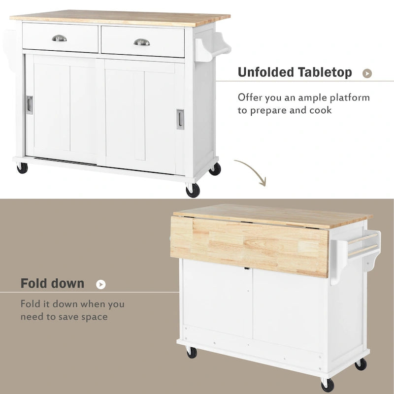 Desserte de cuisine avec plan de travail rabattable en bois d'hévéa, hauteur réglable et rangement dissimulé avec porte coulissante type grange