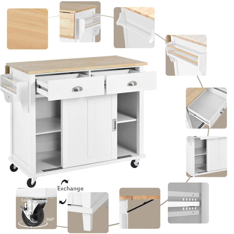 Desserte de cuisine avec plan de travail rabattable en bois d'hévéa, hauteur réglable et rangement dissimulé avec porte coulissante type grange
