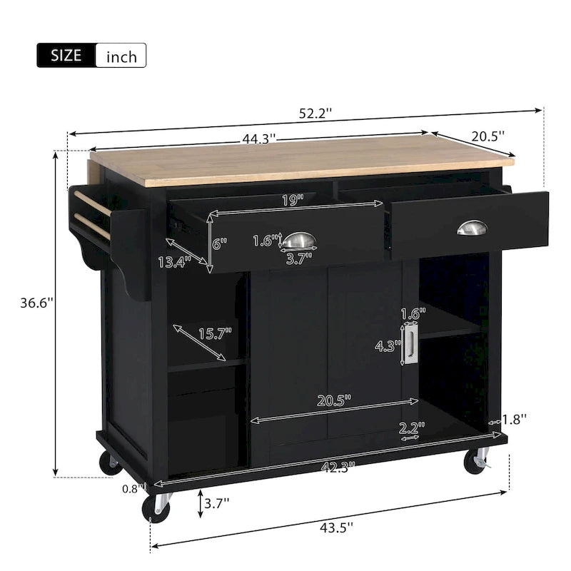 Desserte de cuisine avec plan de travail rabattable en bois d'hévéa, hauteur réglable et rangement dissimulé avec porte coulissante type grange