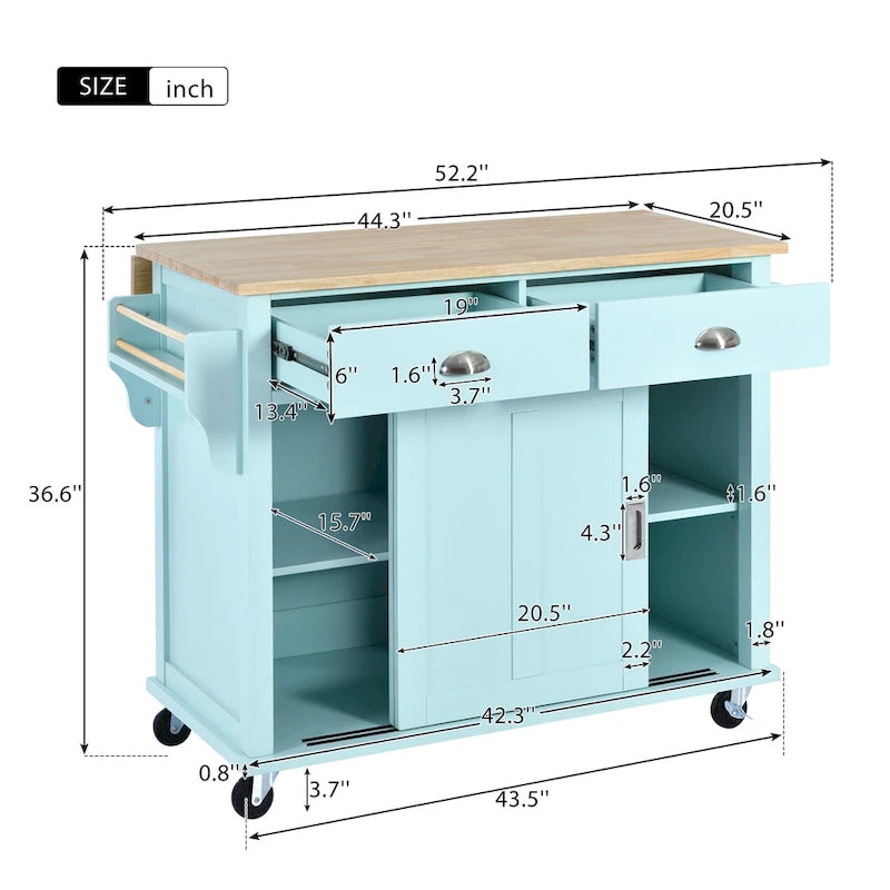 Desserte de cuisine avec plan de travail rabattable en bois d'hévéa, hauteur réglable et rangement dissimulé avec porte coulissante type grange