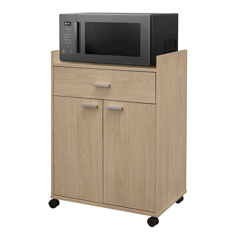 Chariot de cuisine pour micro-ondes, Meuble de rangement d'appoint avec 1 tiroir et 2 portes, Hêtre