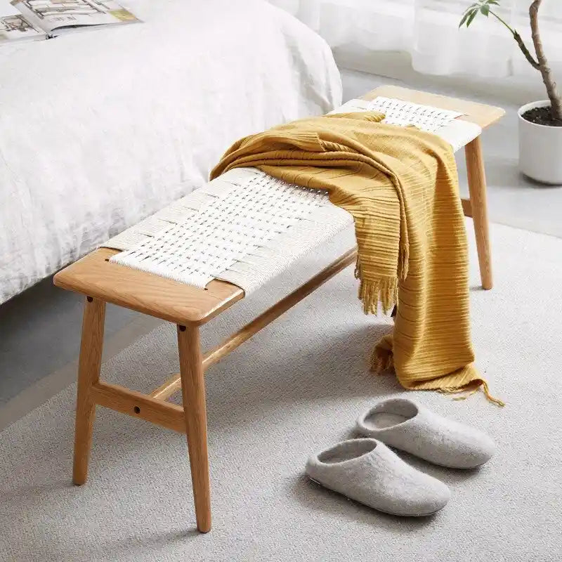 Banc de salle à manger en bois de chêne naturel au design tissé, banc de lit, banc d'entrée, pour salle à manger, chambre, salle de bain