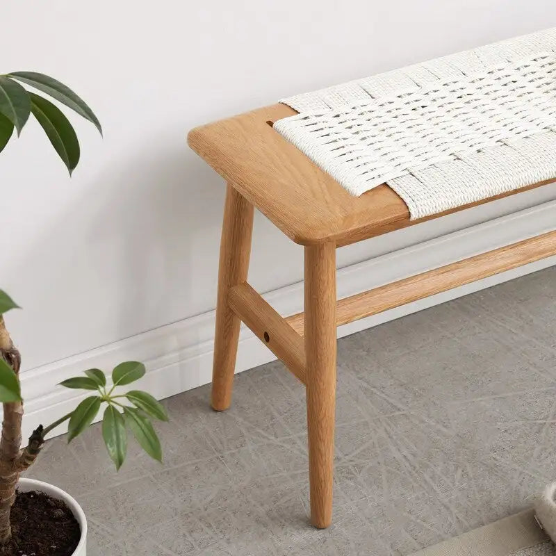 Banc de salle à manger en bois de chêne naturel au design tissé, banc de lit, banc d'entrée, pour salle à manger, chambre, salle de bain