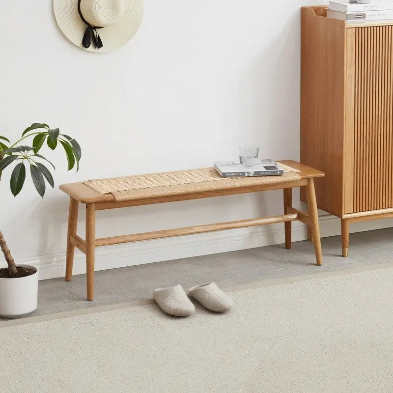 Banc de salle à manger en bois de chêne naturel au design tissé, banc de lit, banc d'entrée, pour salle à manger, chambre, salle de bain