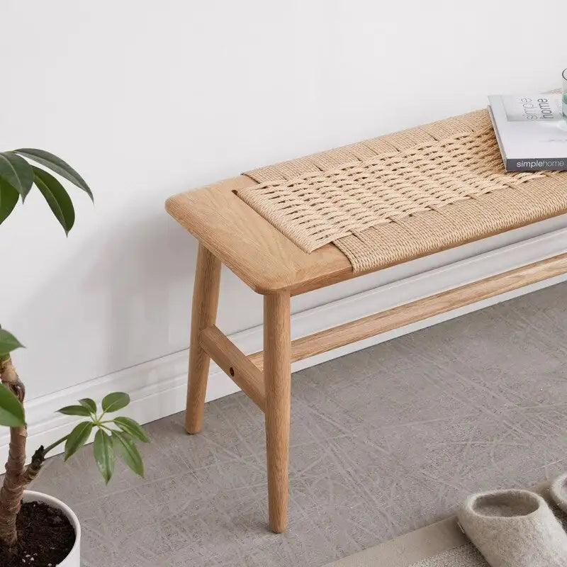 Banc de salle à manger en bois de chêne naturel au design tissé, banc de lit, banc d'entrée, pour salle à manger, chambre, salle de bain