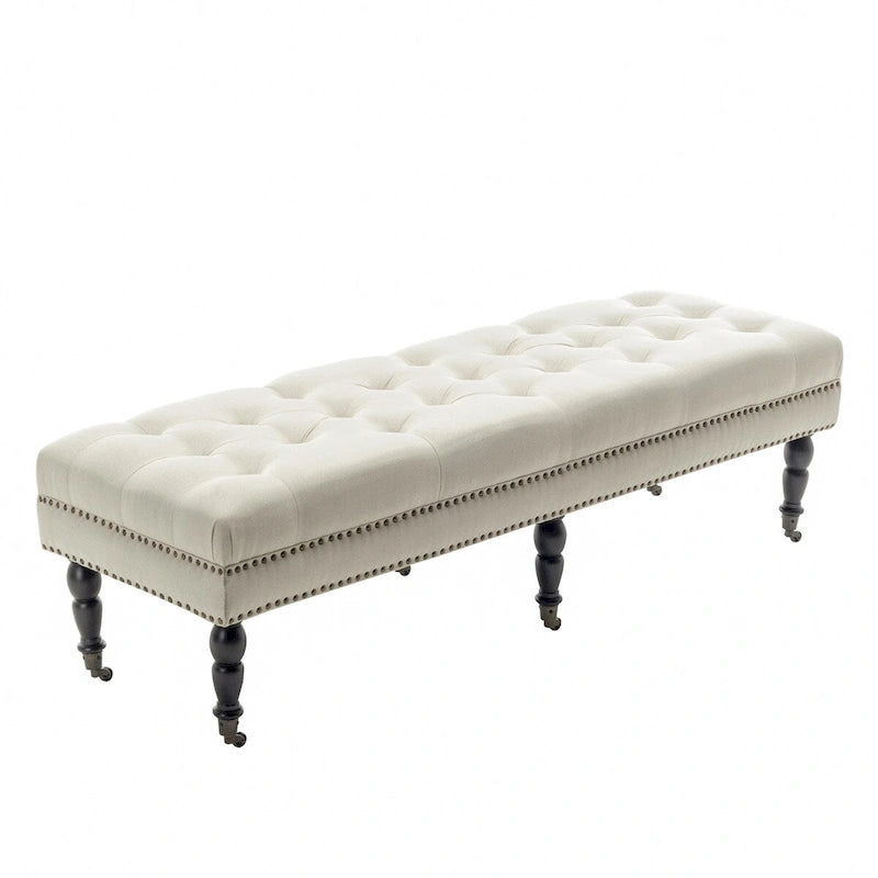 Banc d'appoint en tissu avec pieds en hévéa et roulettes