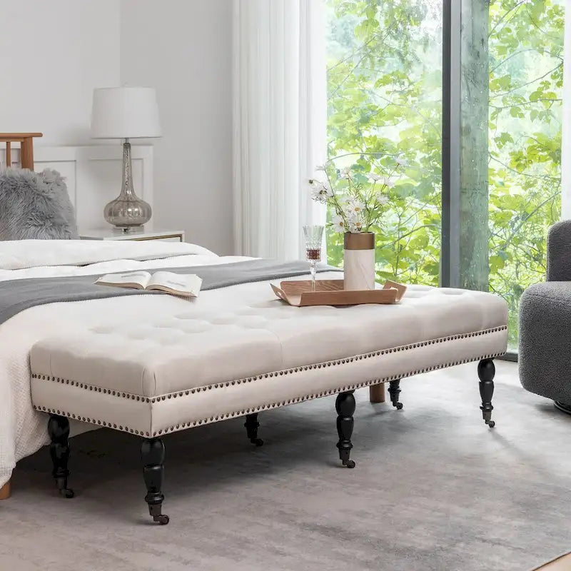 Banc d'appoint en tissu avec pieds en hévéa et roulettes