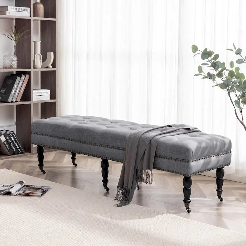Banc d'appoint en tissu avec pieds en hévéa et roulettes