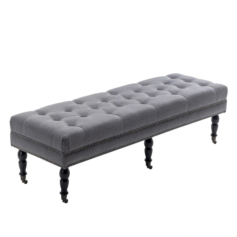 Banc d'appoint en tissu avec pieds en hévéa et roulettes