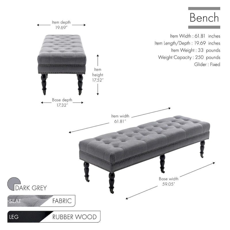 Banc d'appoint en tissu avec pieds en hévéa et roulettes