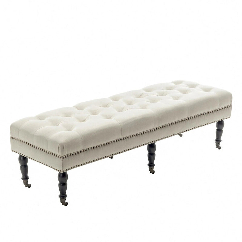 Banc d'appoint en tissu avec pieds en hévéa et roulettes