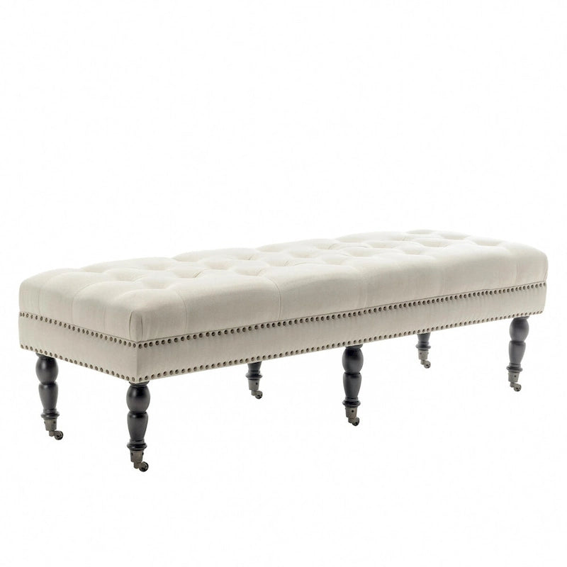 Banc d'appoint en tissu avec pieds en hévéa et roulettes