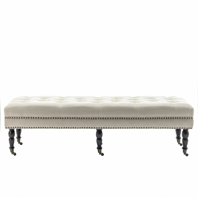 Banc d'appoint en tissu avec pieds en hévéa et roulettes