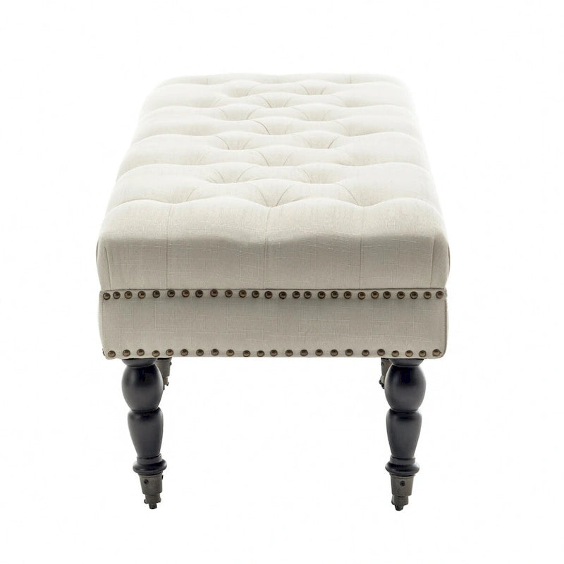 Banc d'appoint en tissu avec pieds en hévéa et roulettes