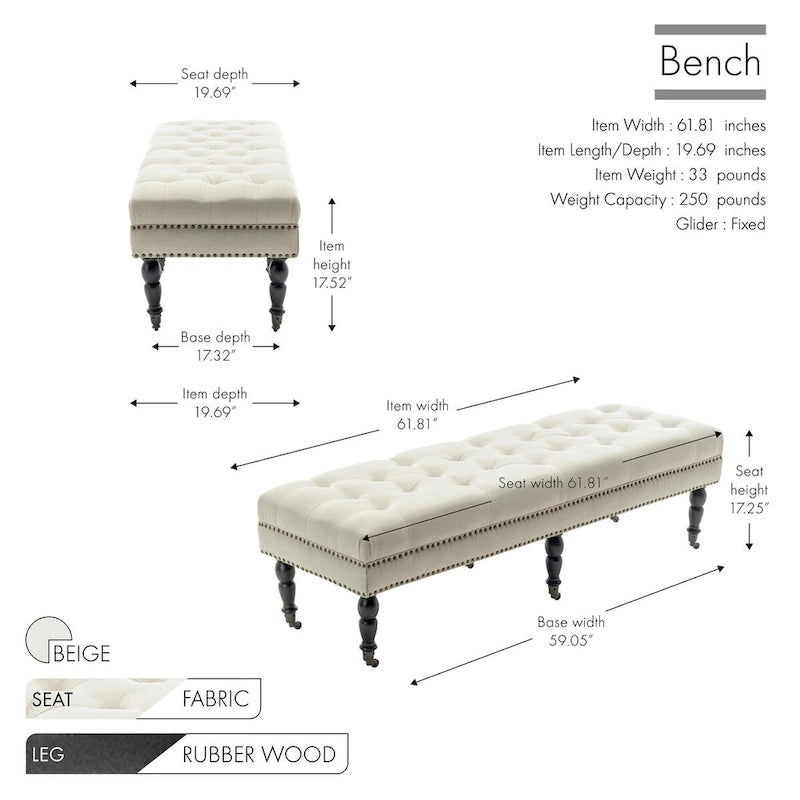 Banc d'appoint en tissu avec pieds en hévéa et roulettes