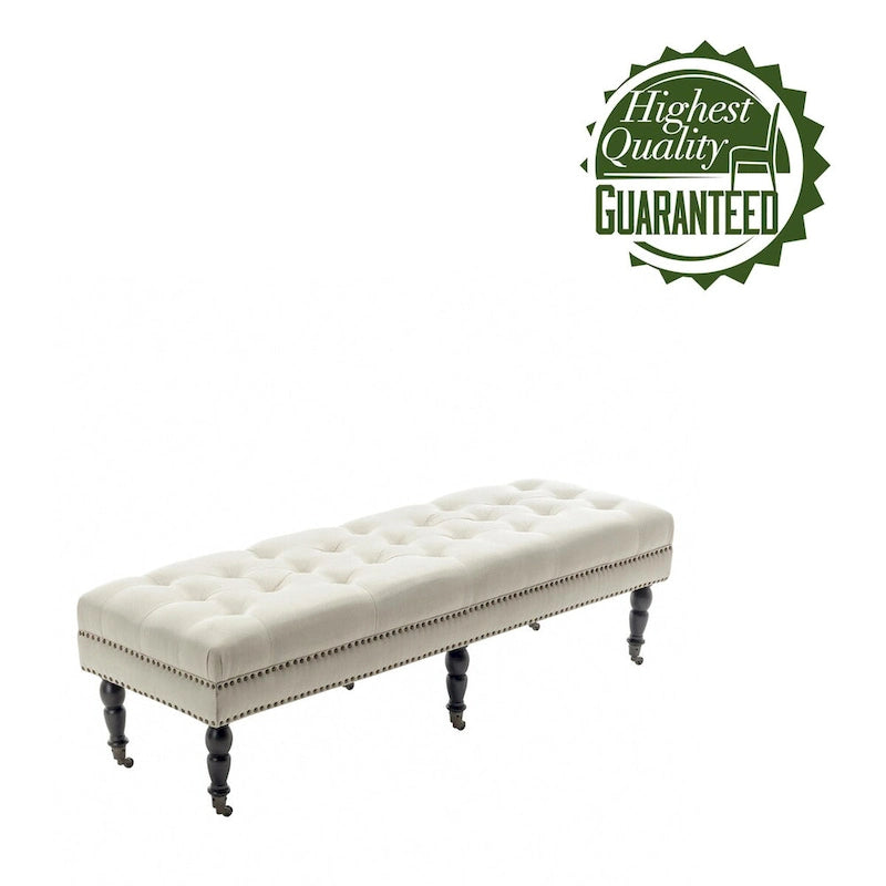 Banc d'appoint en tissu avec pieds en hévéa et roulettes