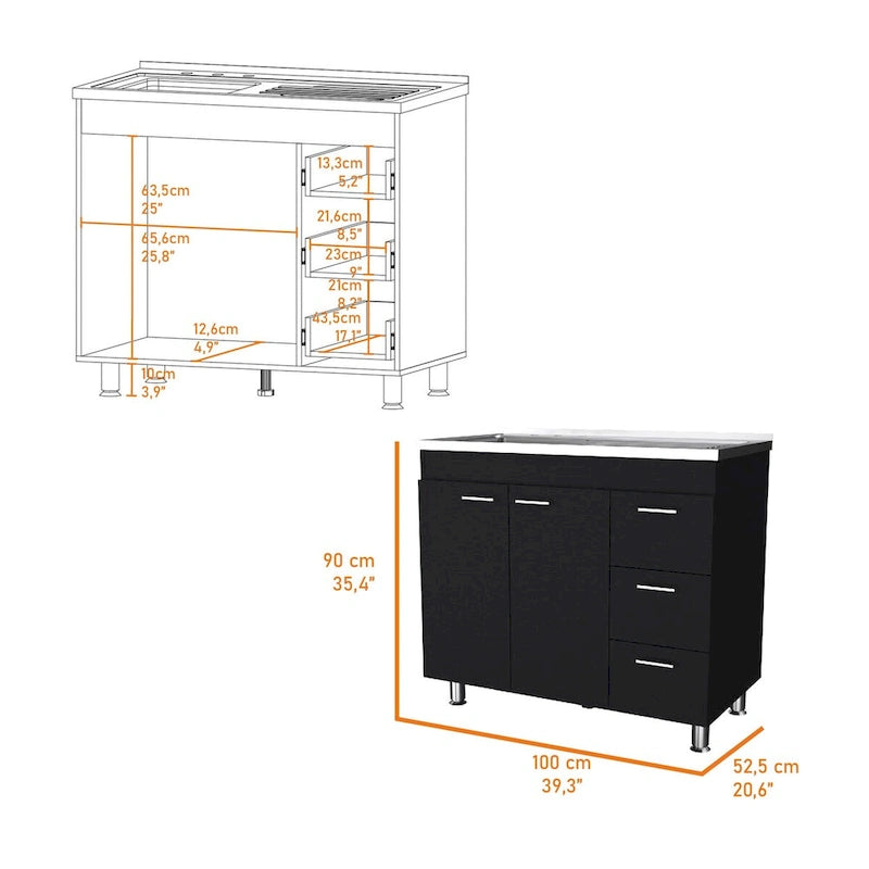 Meuble bas en mélaminé, trois tiroirs et plan de travail en inox.