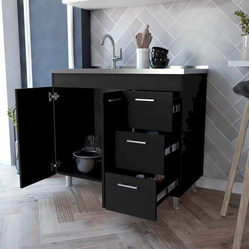 Meuble bas en mélaminé, trois tiroirs et plan de travail en inox.