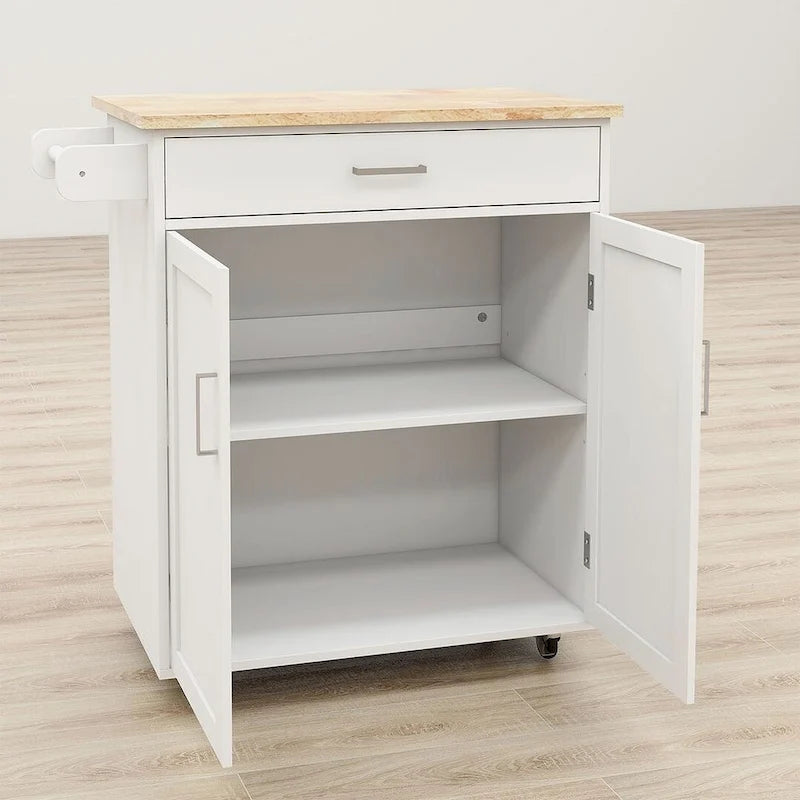 Îlot de cuisine moderne en bois d'hévéa de 32,87 po de large avec étagères réglables et porte-serviettes