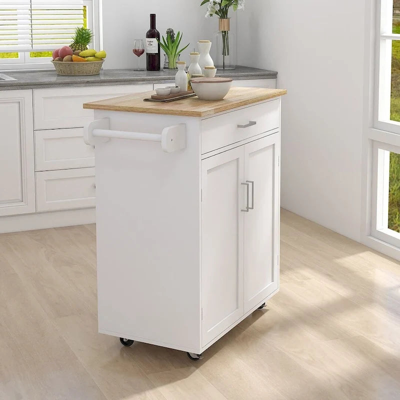 Îlot de cuisine moderne en bois d'hévéa de 32,87 po de large avec étagères réglables et porte-serviettes