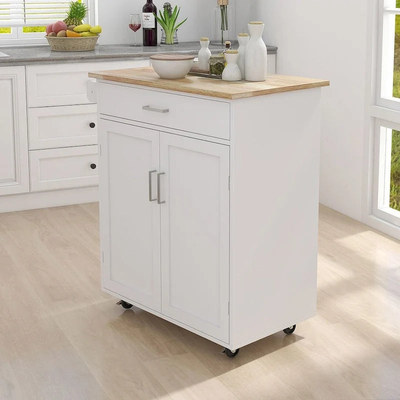 Îlot de cuisine moderne en bois d'hévéa de 32,87 po de large avec étagères réglables et porte-serviettes