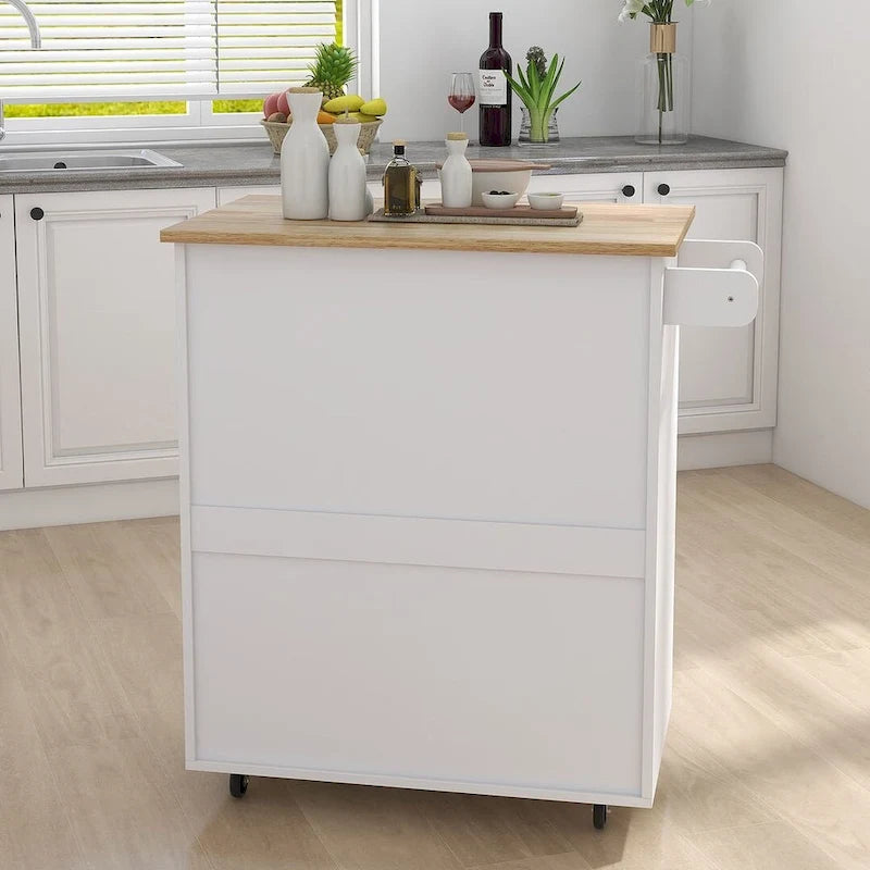 Îlot de cuisine moderne en bois d'hévéa de 32,87 po de large avec étagères réglables et porte-serviettes