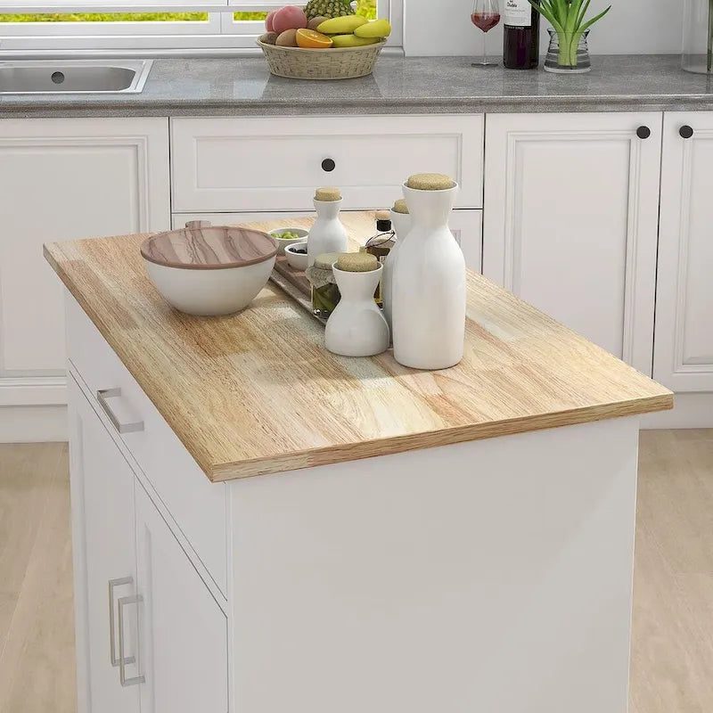 Îlot de cuisine moderne en bois d'hévéa de 32,87 po de large avec étagères réglables et porte-serviettes