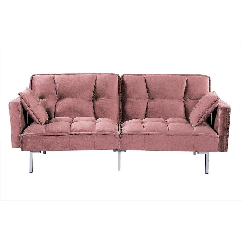Canapé-lit convertible en velours avec un design capitonné de style mi-siècle et des pieds en métal