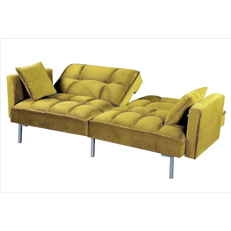 Canapé-lit convertible en velours avec un design capitonné de style mi-siècle et des pieds en métal