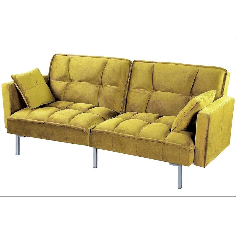 Canapé-lit convertible en velours avec un design capitonné de style mi-siècle et des pieds en métal