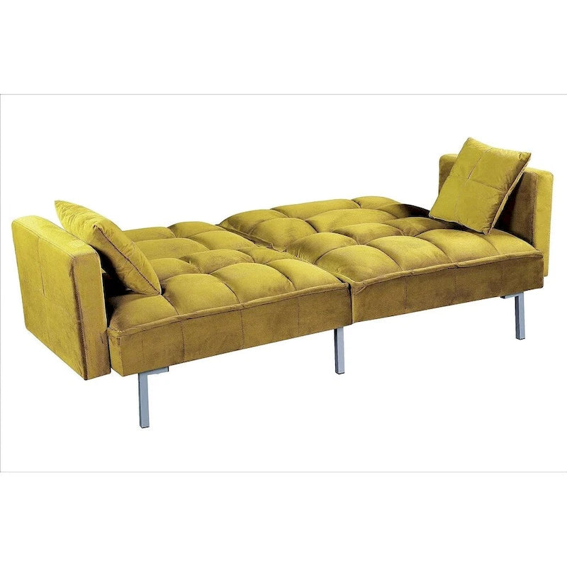 Canapé-lit convertible en velours avec un design capitonné de style mi-siècle et des pieds en métal