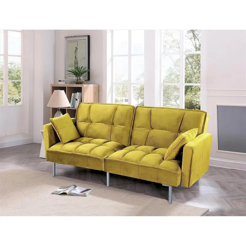 Canapé-lit convertible en velours avec un design capitonné de style mi-siècle et des pieds en métal