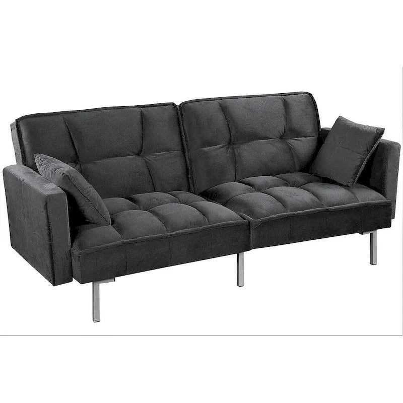 Canapé-lit convertible en velours avec un design capitonné de style mi-siècle et des pieds en métal