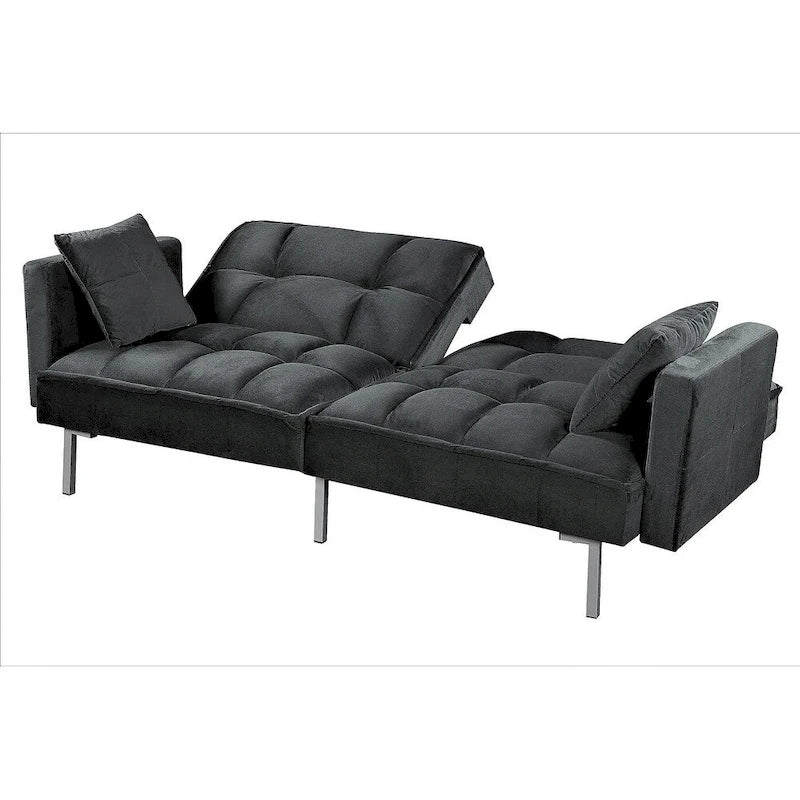 Canapé-lit convertible en velours avec un design capitonné de style mi-siècle et des pieds en métal