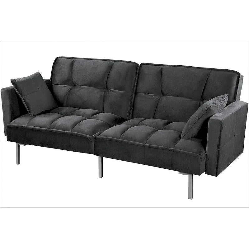 Canapé-lit convertible en velours avec un design capitonné de style mi-siècle et des pieds en métal