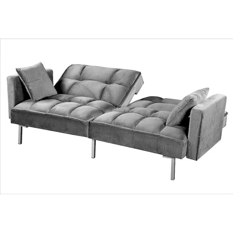 Canapé-lit convertible en velours avec un design capitonné de style mi-siècle et des pieds en métal